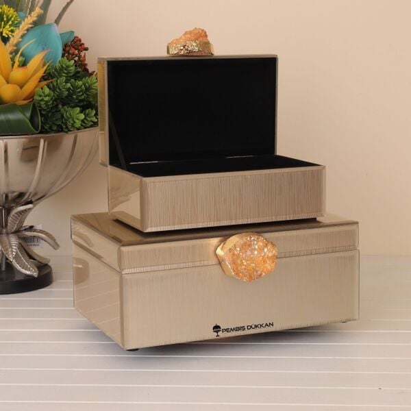 DOĞAL TAŞ KULPLU 2'Lİ MÜCEVHER KUTUSU VİZON (3770)