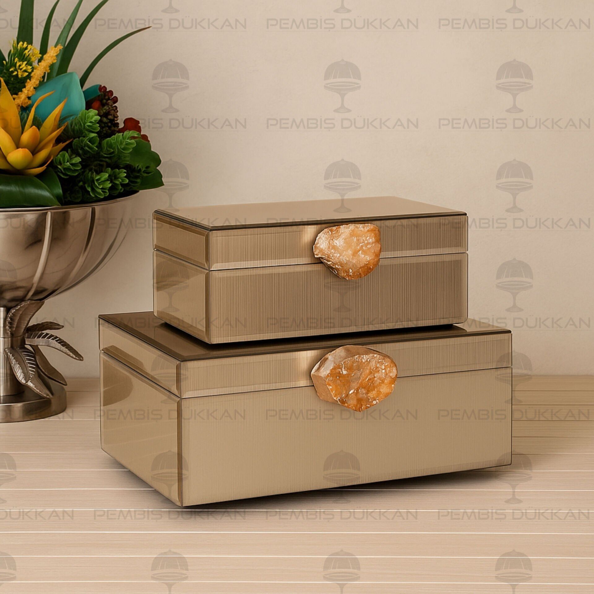 DOĞAL TAŞ KULPLU 2Lİ MÜCEVHER KUTUSU VİZON (3770)