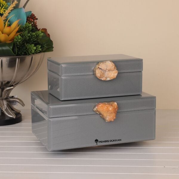 DOĞAL TAŞ KULPLU 2'Lİ MÜCEVHER KUTUSU GRİ (3776)