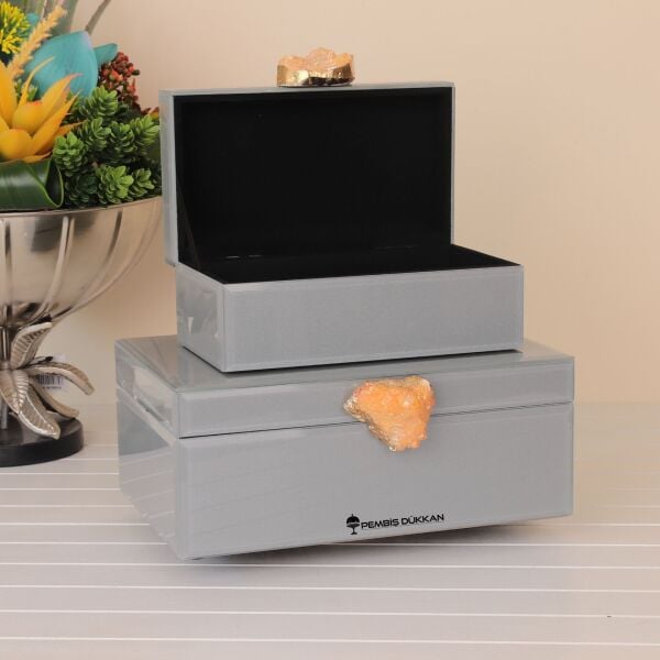 DOĞAL TAŞ KULPLU 2Lİ MÜCEVHER KUTUSU GRİ (3776)