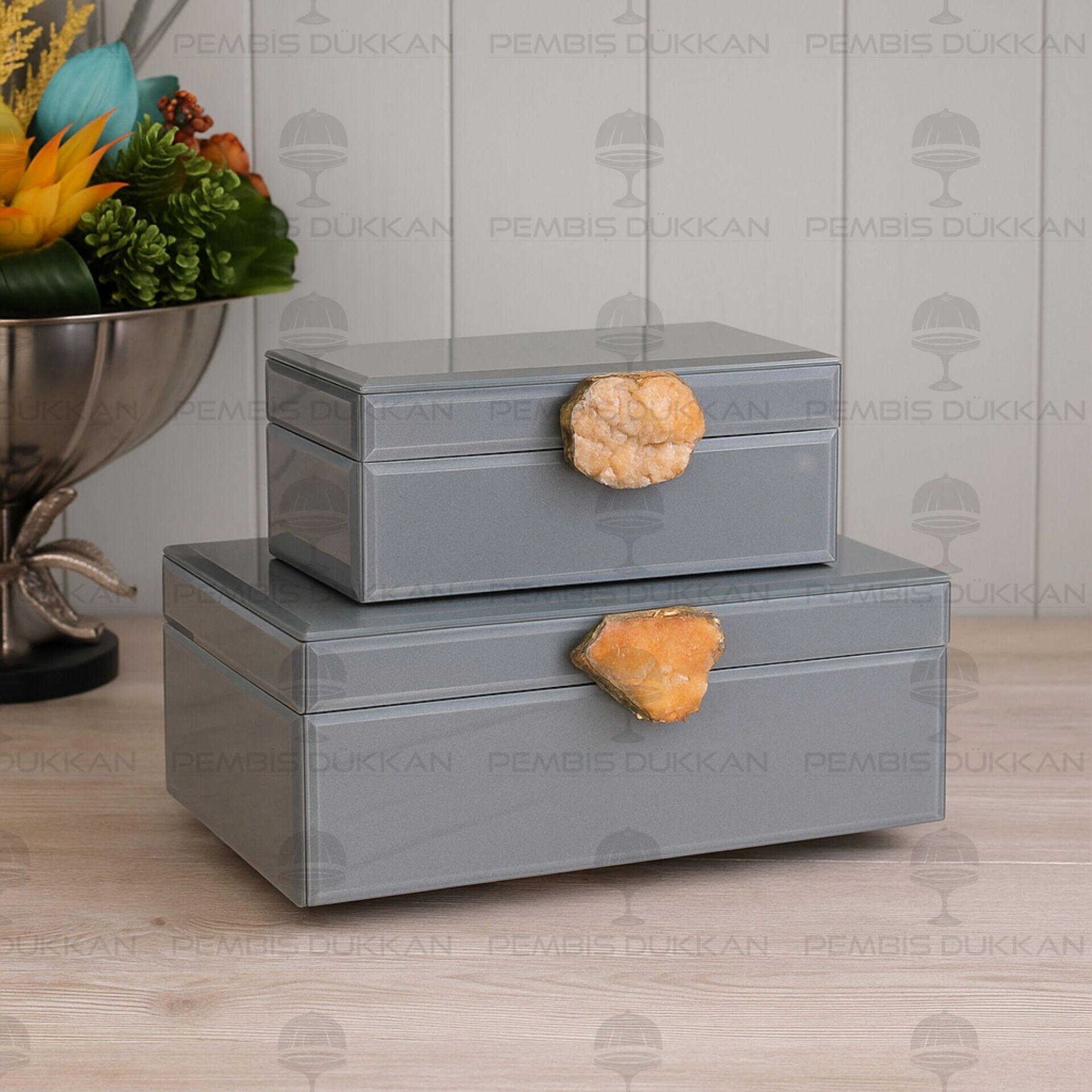 DOĞAL TAŞ KULPLU 2'Lİ MÜCEVHER KUTUSU GRİ (3776)