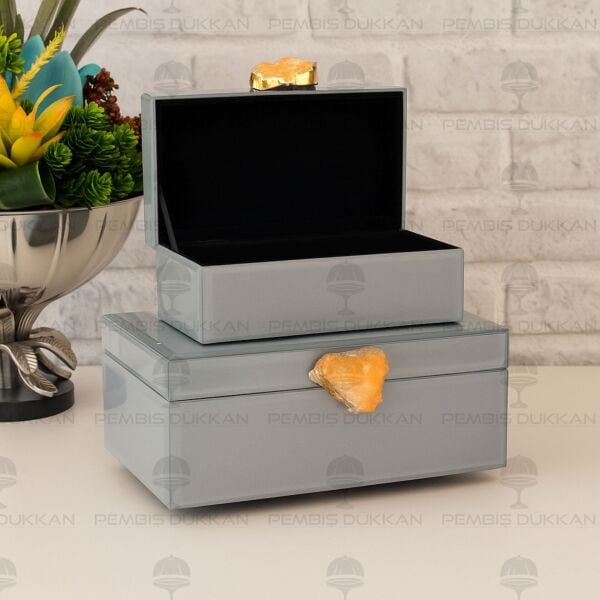 DOĞAL TAŞ KULPLU 2'Lİ MÜCEVHER KUTUSU GRİ (3776)