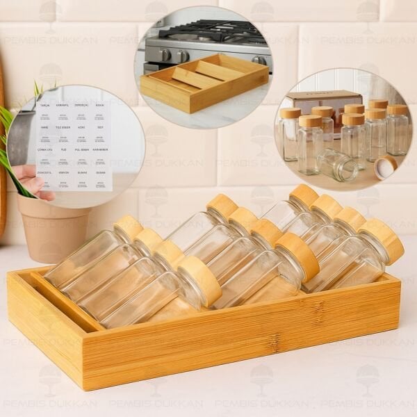 ÇEKMECE İÇİ STANDLI, 12Lİ BOHEM BAMBU KAPAKLI BAHARATLIK SET (1455)
