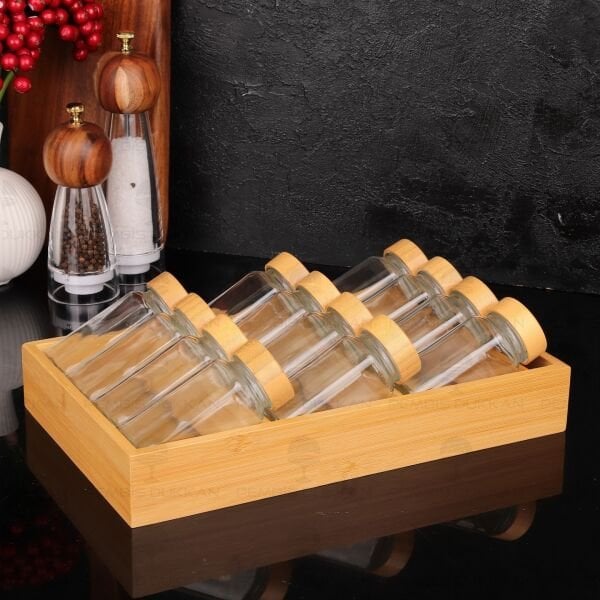 ÇEKMECE İÇİ STANDLI, 12Lİ BOHEM BAMBU KAPAKLI BAHARATLIK SET (1455)