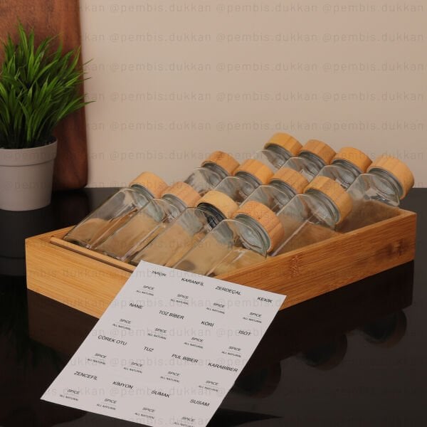 12'Lİ BAMBU KAPAKLI ÇEKMECE İÇİ BAHARATLIK KOMBİN SET