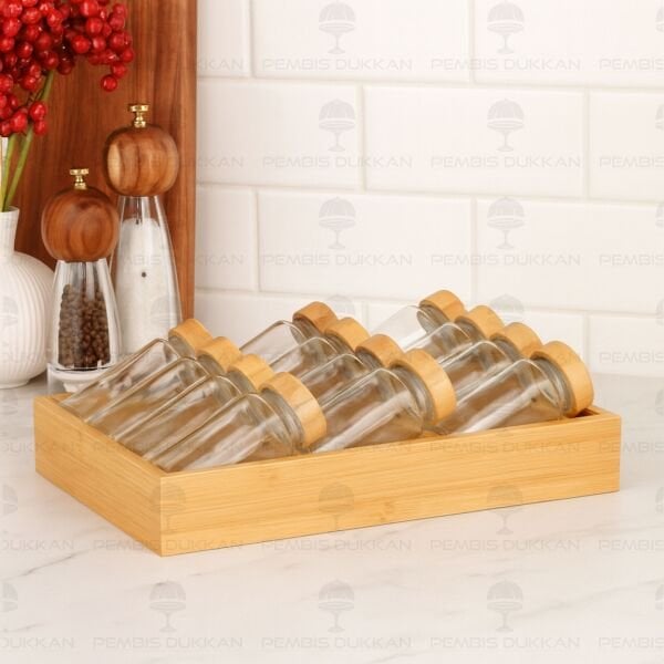 ÇEKMECE İÇİ STANDLI, 12Lİ BAMBU KAPAKLI BAHARATLIK SET (1455)