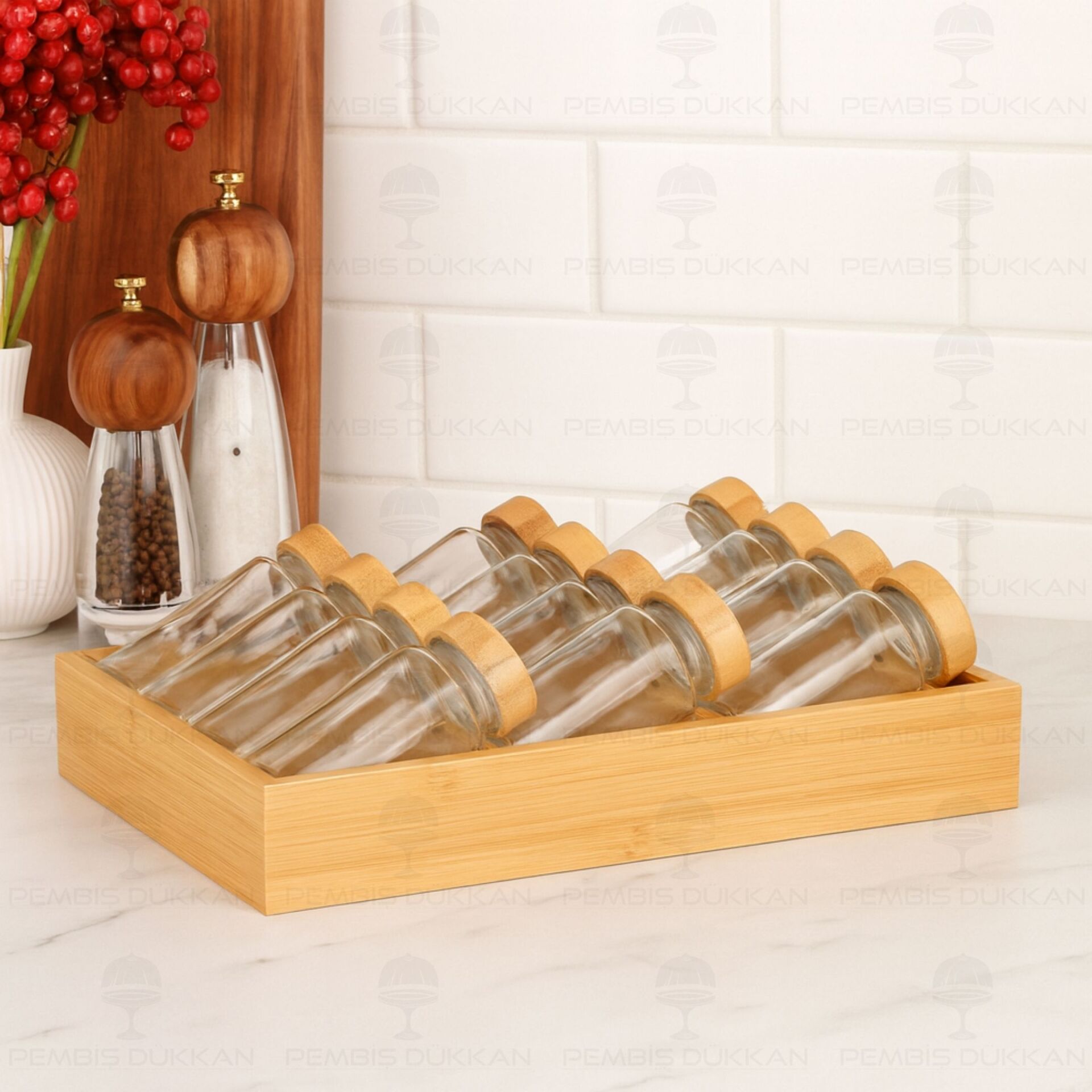 Çekmece İçi Standlı, 12li Bohem Bambu Kapaklı Baharatlık Set (1455)