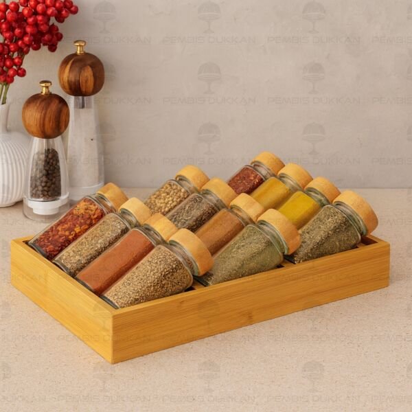 ÇEKMECE İÇİ STANDLI, 12Lİ BOHEM BAMBU KAPAKLI BAHARATLIK SET (1455)