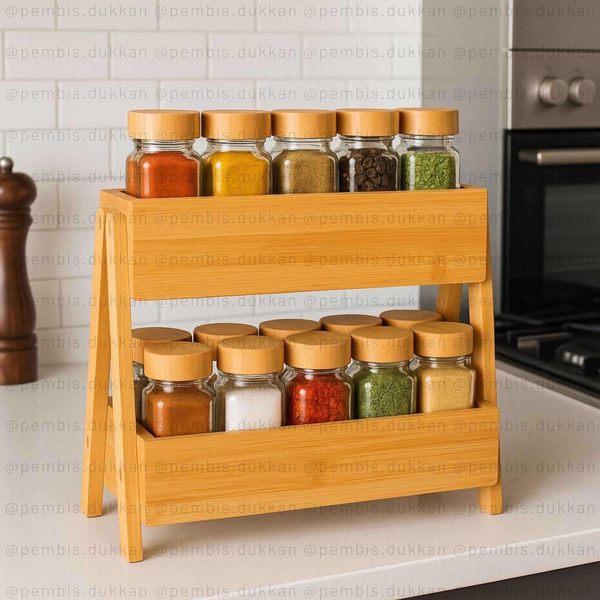 BAMBU 2 KATLI ORGANİZER RAF BAHARATLIK KOMBİN SET (7B52)