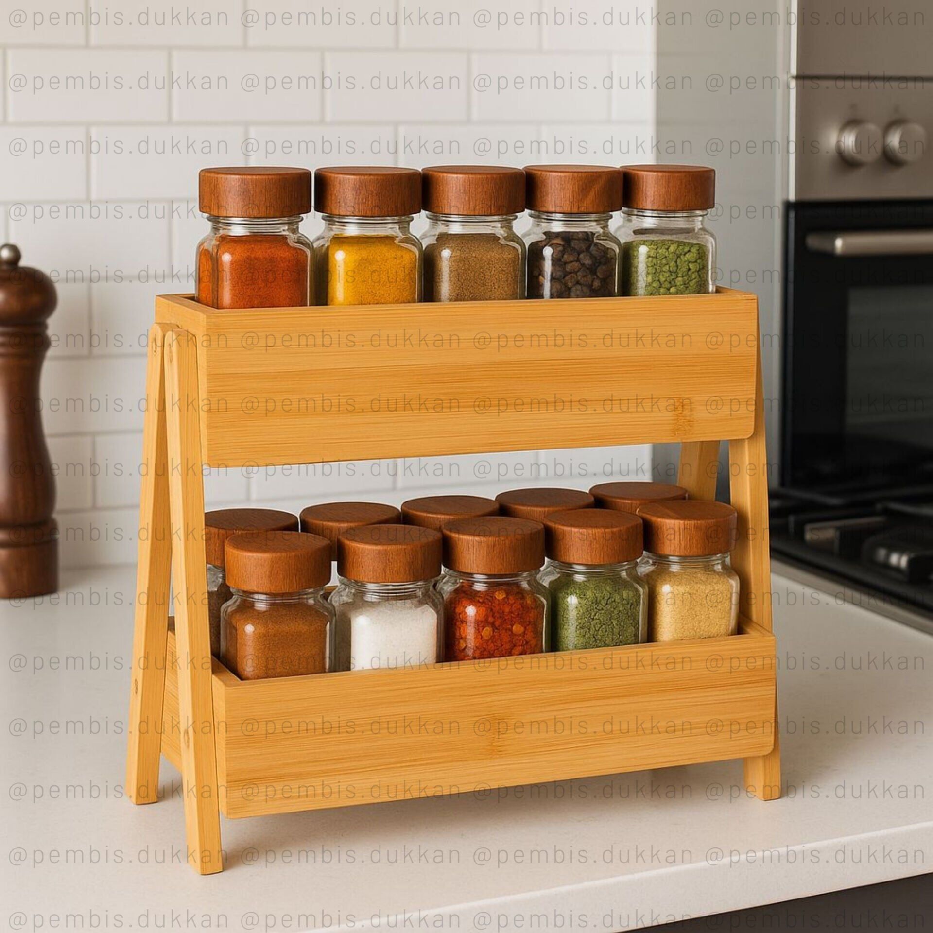 BAMBU 2 KATLI ORGANİZER RAF AKASYA KAPAKLI  BAHARATLIK KOMBİN SET (7B52)
