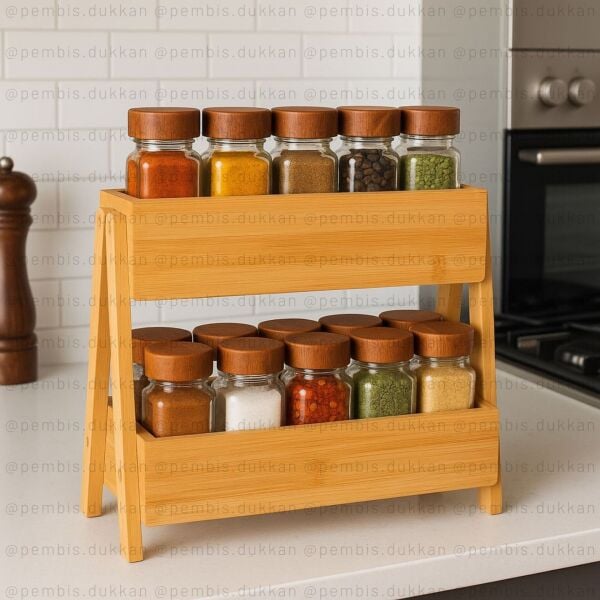 BAMBU 2 KATLI ORGANİZER RAF AKASYA KAPAKLI  BAHARATLIK KOMBİN SET (7B52)