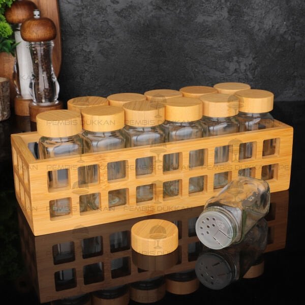 BAMBU KAFES STANDLI, 12Lİ BOHEM BAMBU KAPAKLI BAHARATLIK SET (1281)