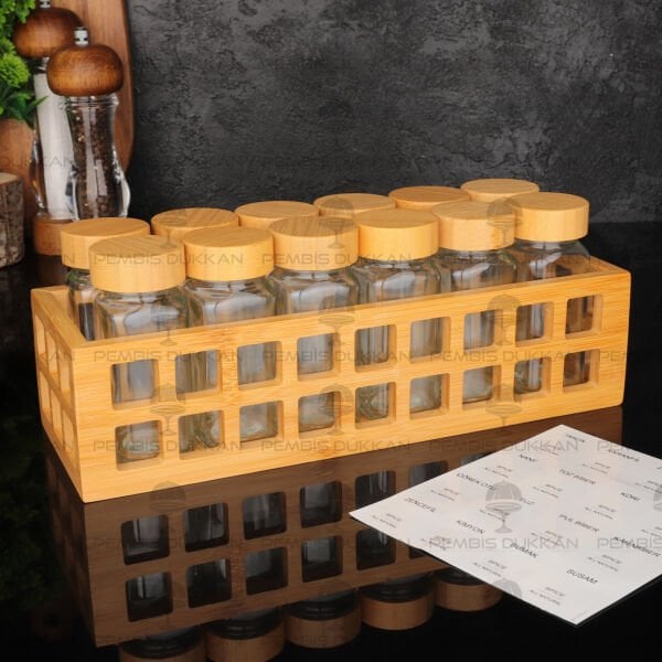 BAMBU KAFES STANDLI, 12Lİ BOHEM BAMBU KAPAKLI BAHARATLIK SET (1281)