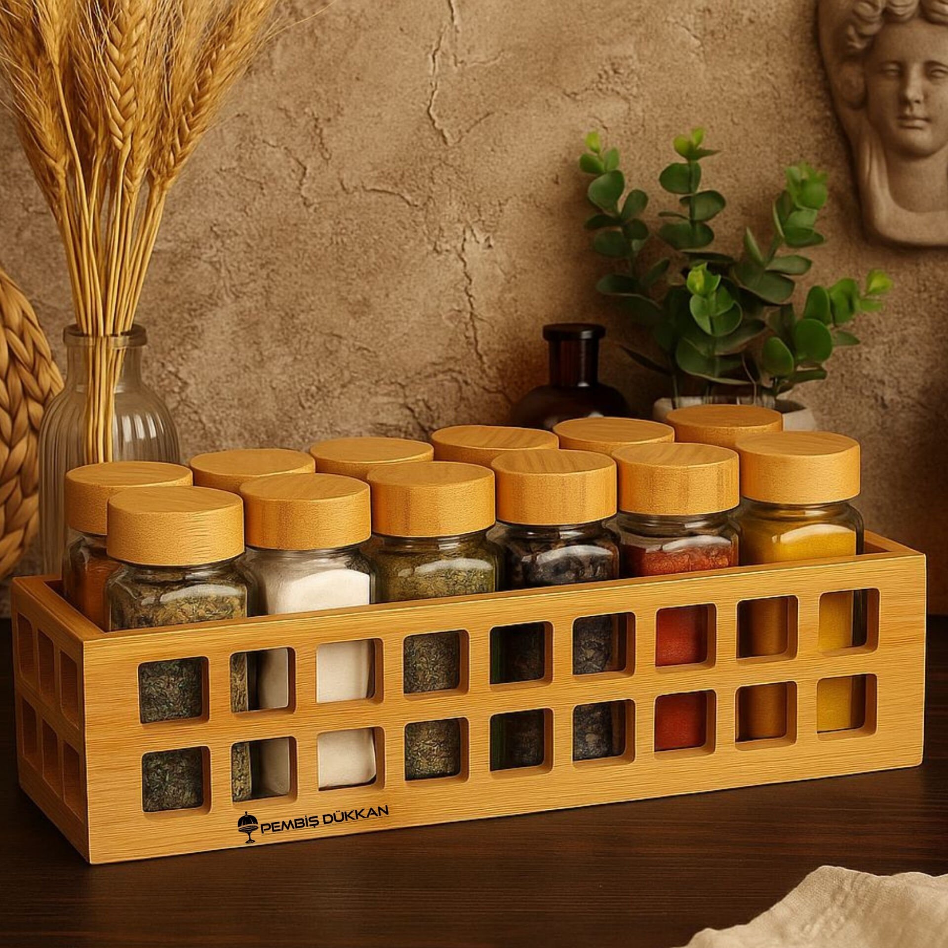 12'Lİ BAMBU KAPAKLI KAFES KASA BAHARATLIK KOMBİN SET 1281