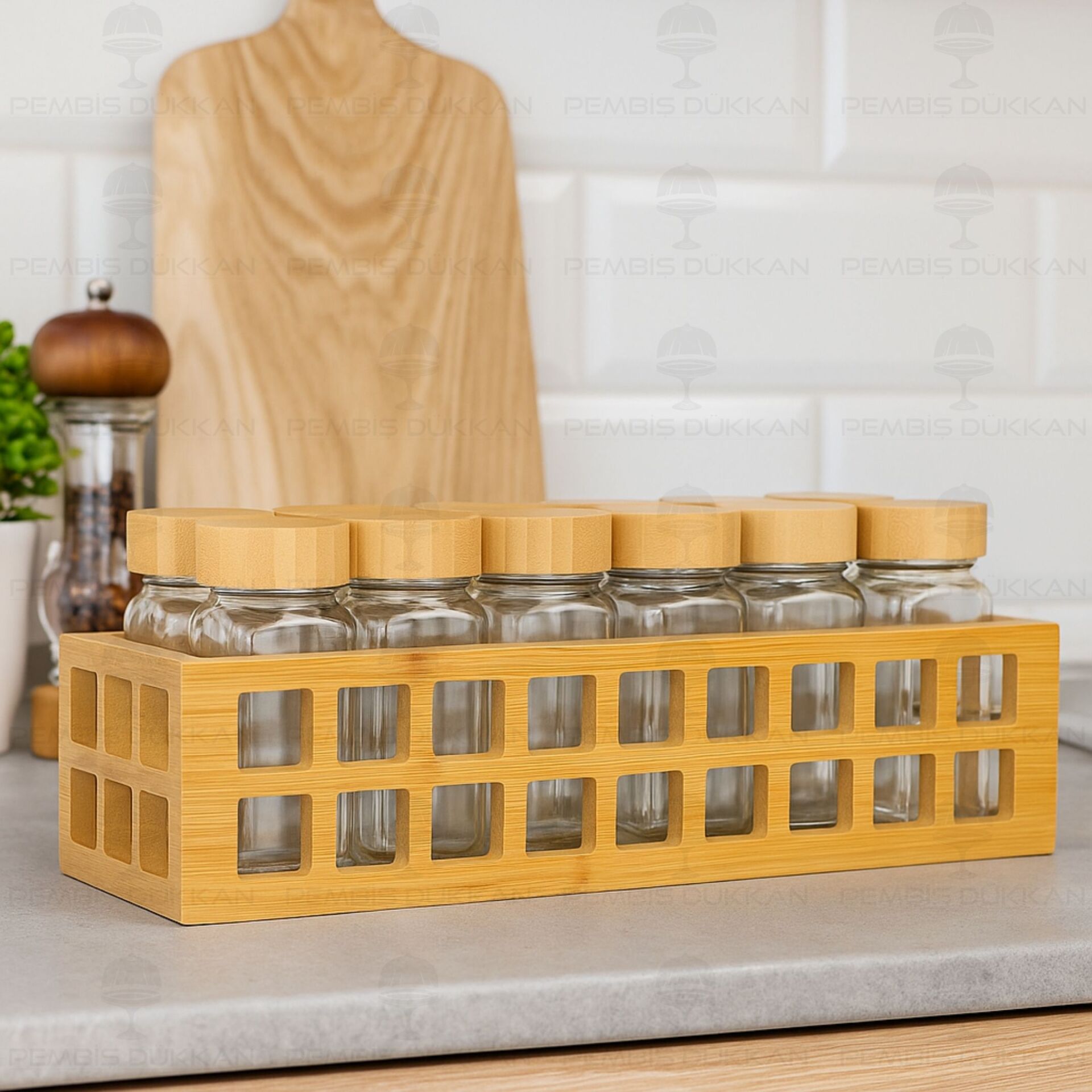 BAMBU KAFES STANDLI, 12Lİ BOHEM BAMBU KAPAKLI BAHARATLIK SET (1281)