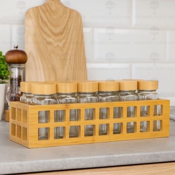 BAMBU KAFES STANDLI, 12Lİ BOHEM BAMBU KAPAKLI BAHARATLIK SET (1281)