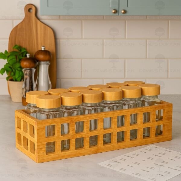 BAMBU KAFES STANDLI, 12Lİ BOHEM BAMBU KAPAKLI BAHARATLIK SET (1281)