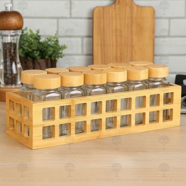 BAMBU KAFES STANDLI, 12Lİ BOHEM BAMBU KAPAKLI BAHARATLIK SET (1281)