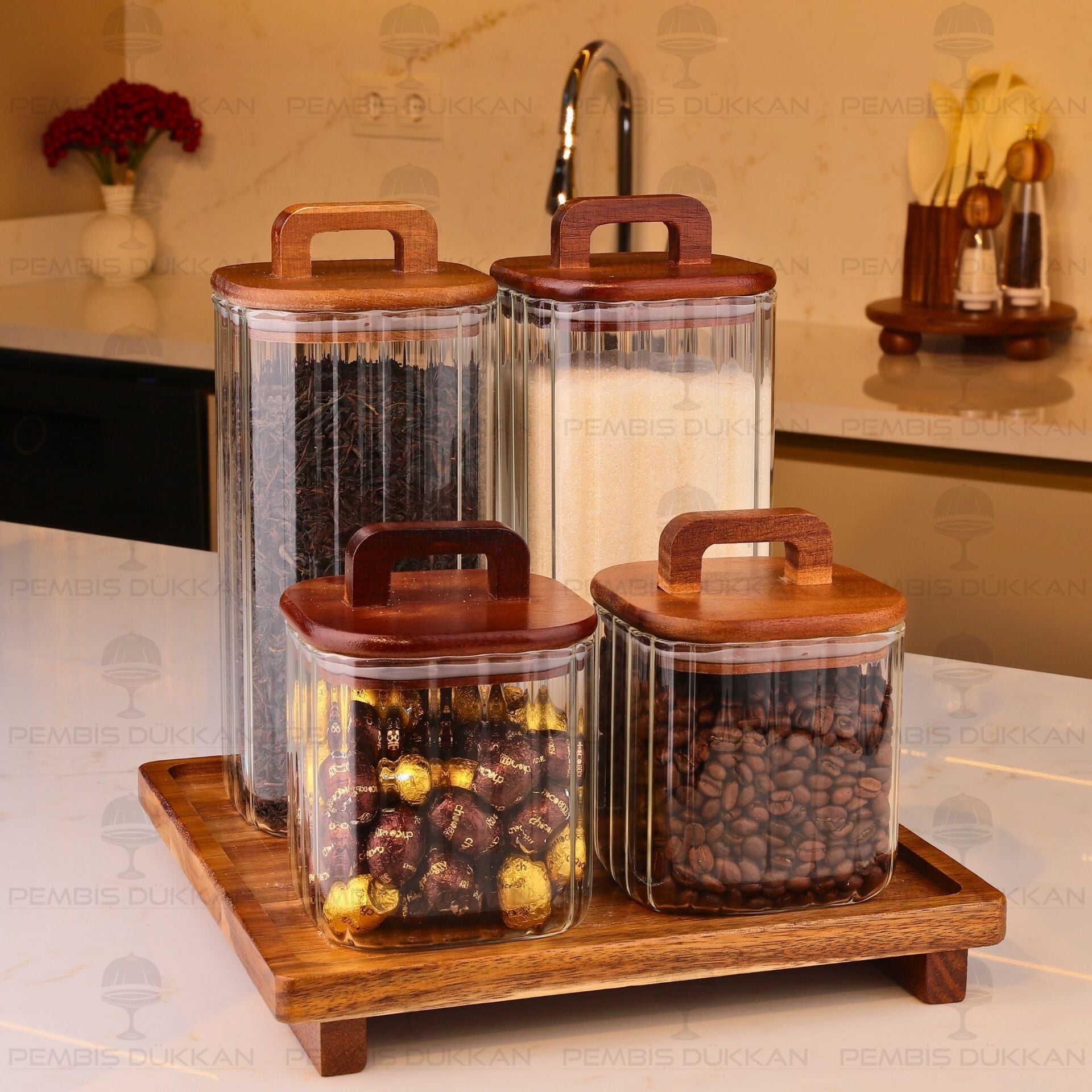 4LÜ EMİLLA TEZGAH ÜSTÜ AKASYA KAPAKLI KAVANOZ KOMBİN SET (8B70-BOR089-091)