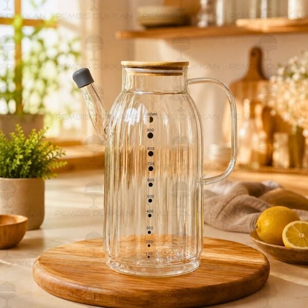 Kalın Çizgili Bambu Kapaklı 1000ml Yağdanlık (Gla02)