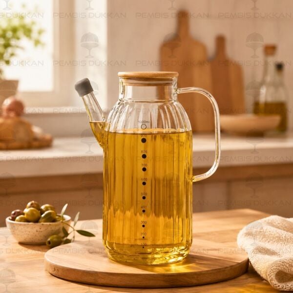 Kalın Çizgili Bambu Kapaklı 1000ml Yağdanlık (Gla02)