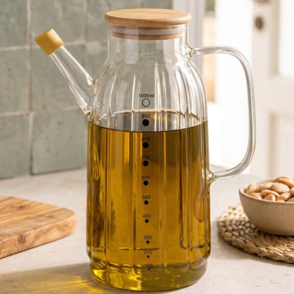 Kalın Çizgili Bambu Kapaklı 1000ml Yağdanlık (Gla02)
