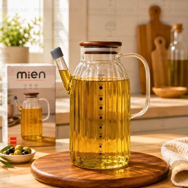 Kalın Çizgili Akasya Kapaklı 1000ml Yağdanlık (Gla021)