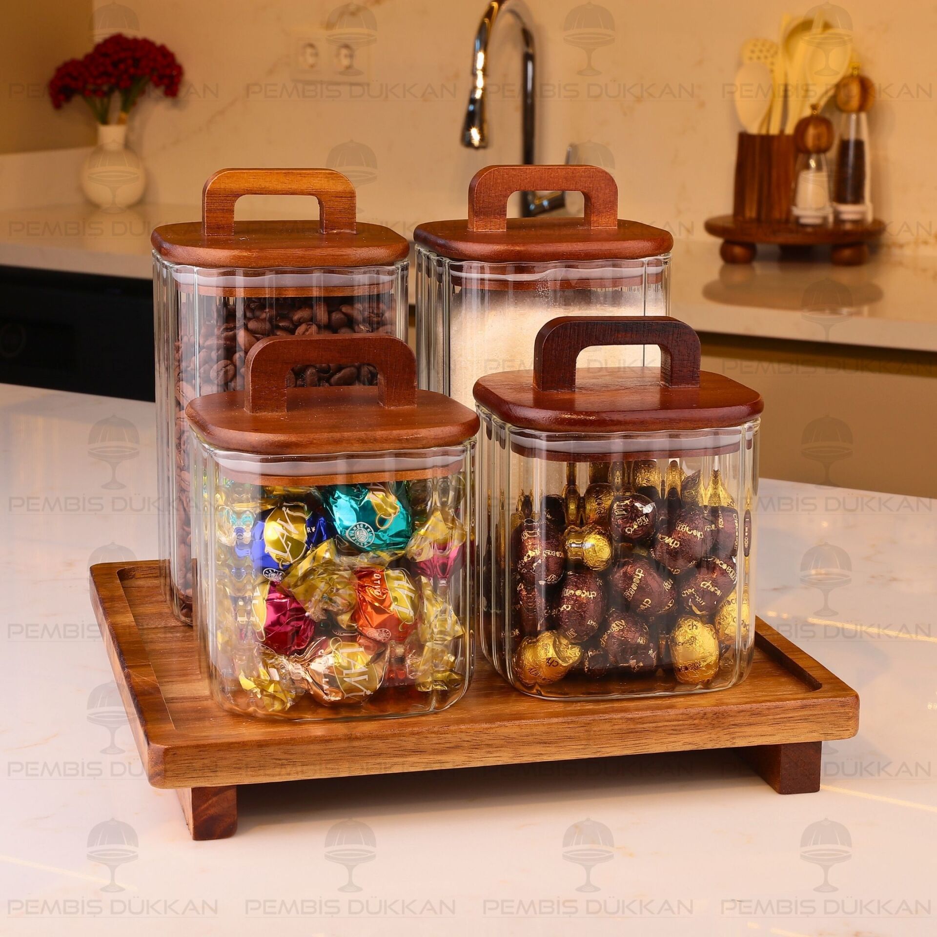 4LÜ EMİLLA TEZGAH ÜSTÜ AKASYA KAPAKLI KAVANOZ KOMBİN SET (8B70-BOR089-090)