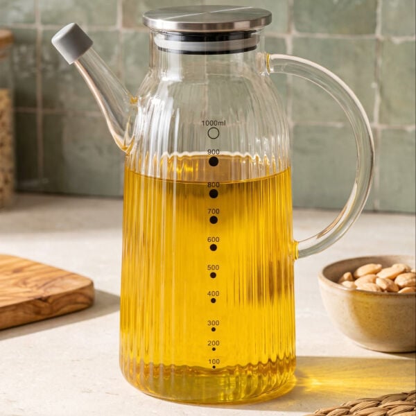 İnce Çizgili Metal Kapaklı 1000ml Yağdanlık (Gla03)