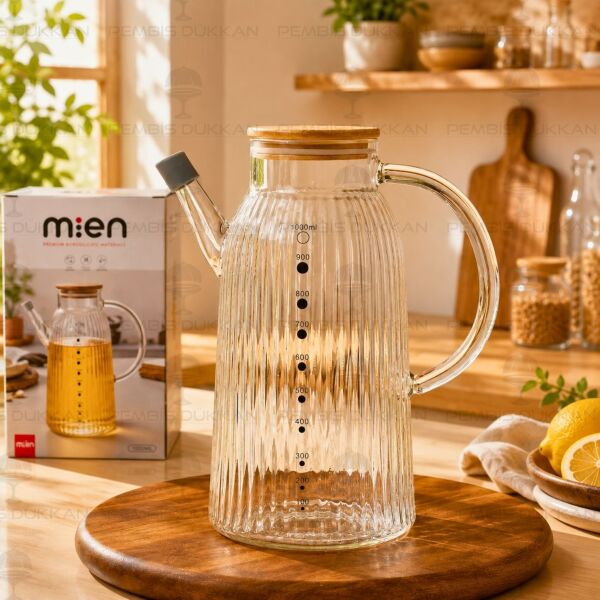 İnce Çizgili Bambu Kapaklı 1000ml Yağdanlık (Gla04)