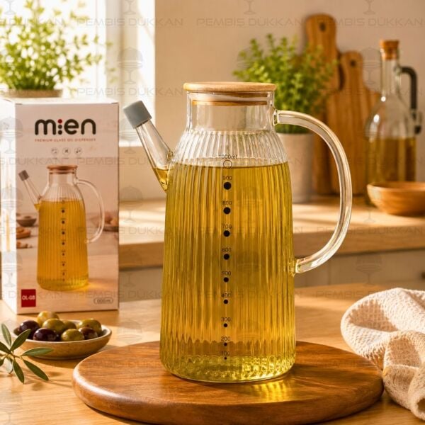 İnce Çizgili Bambu Kapaklı 1000ml Yağdanlık (Gla04)