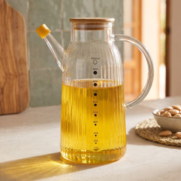 İnce Çizgili Bambu Kapaklı 1000ml Yağdanlık (Gla04)