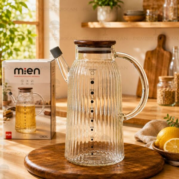 İnce Çizgili Akasya Kapaklı 1000ml Yağdanlık (Gla022)