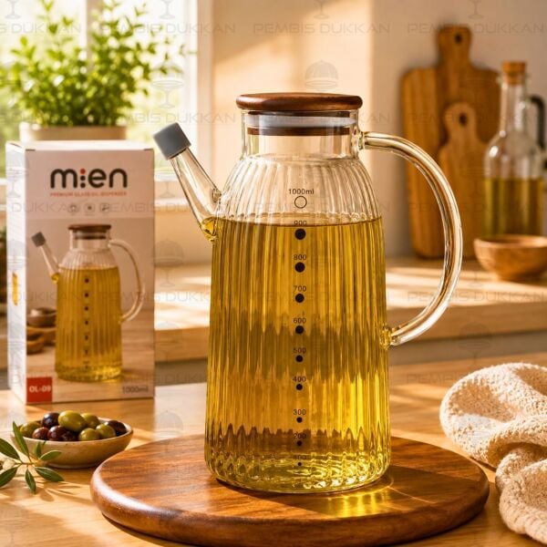İnce Çizgili Akasya Kapaklı 1000ml Yağdanlık (Gla022)
