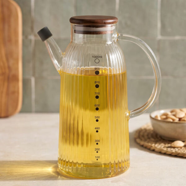 İnce Çizgili Akasya Kapaklı 1000ml Yağdanlık (Gla022)