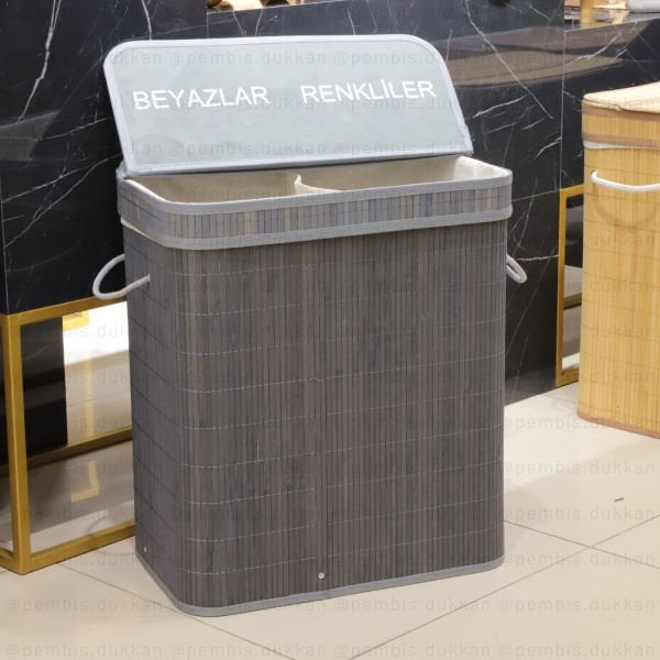 BAMBU 2 BÖLMELİ ÇAMAŞIR SEPETİ GRİ RENK 3938