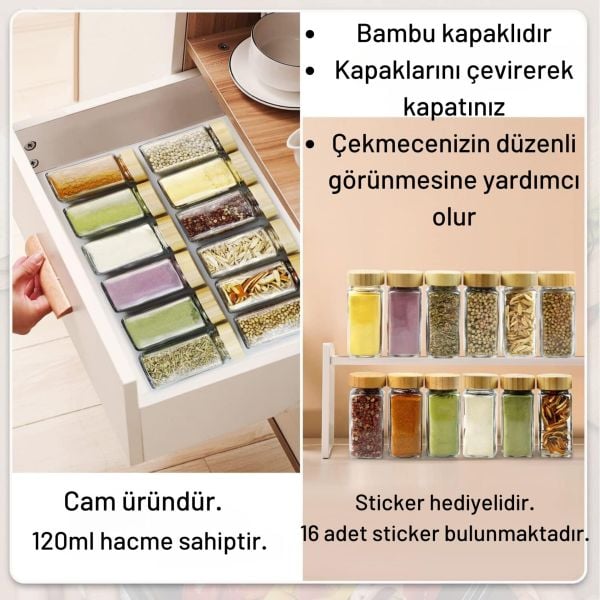 MN 12Lİ BAMBU KAPAKLI CAM BAHARATLIK SETİ(7119008)