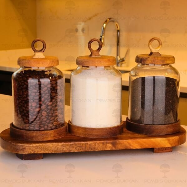 3LÜ LİLY VERNİKSİZ AKASYA KAPAKLI TEZGAH ÜSTÜ KAVANOZ KOMBİN SET NO1 (AKS141)