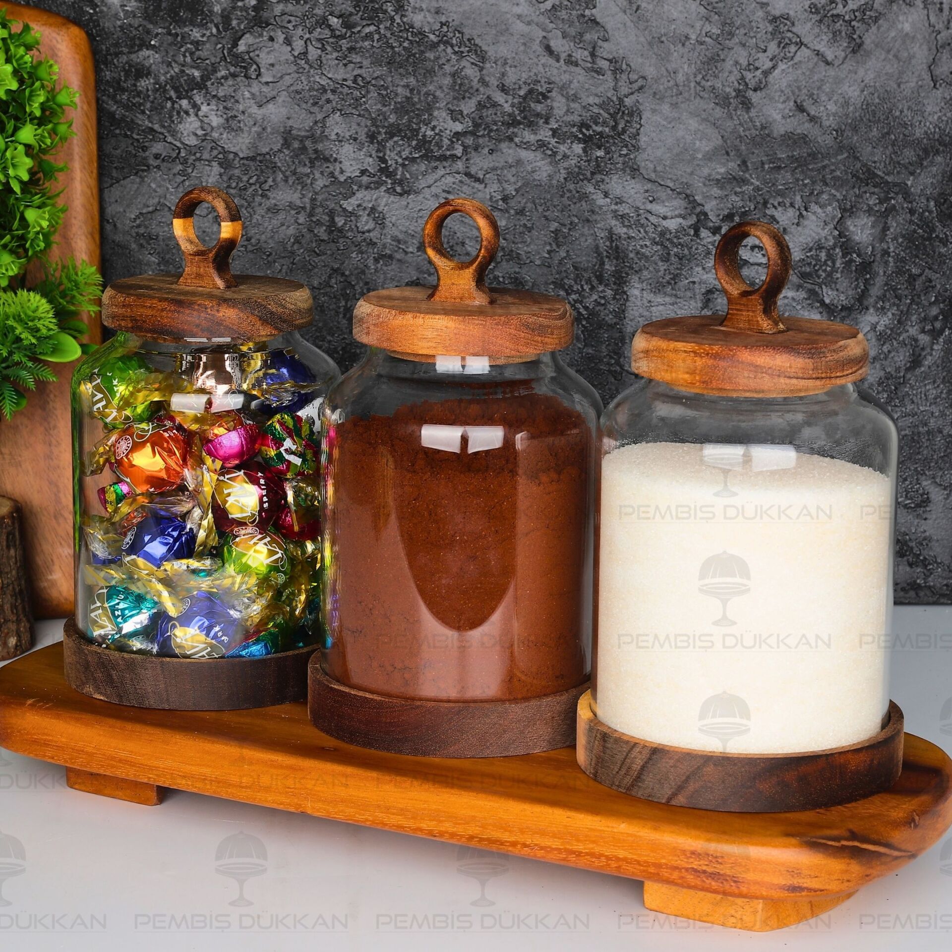 3LÜ LİLY VERNİKSİZ AKASYA KAPAKLI TEZGAH ÜSTÜ KAVANOZ KOMBİN SET NO1 (AKS141)