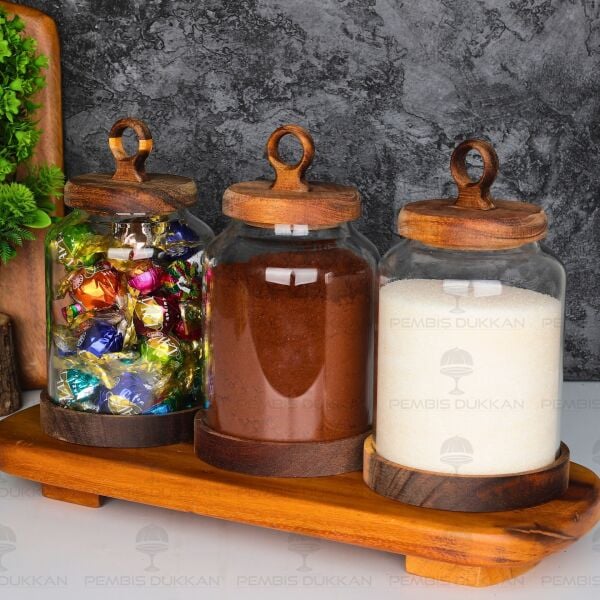 3LÜ LİLY VERNİKSİZ AKASYA KAPAKLI TEZGAH ÜSTÜ KAVANOZ KOMBİN SET NO1 (AKS141)