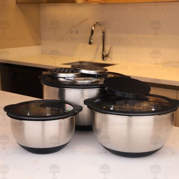 SYDNEY 16-20-24CM KAPAKLI, RENDELİ 10LU ÇELİK KARIŞTIRMA KABI SETİ