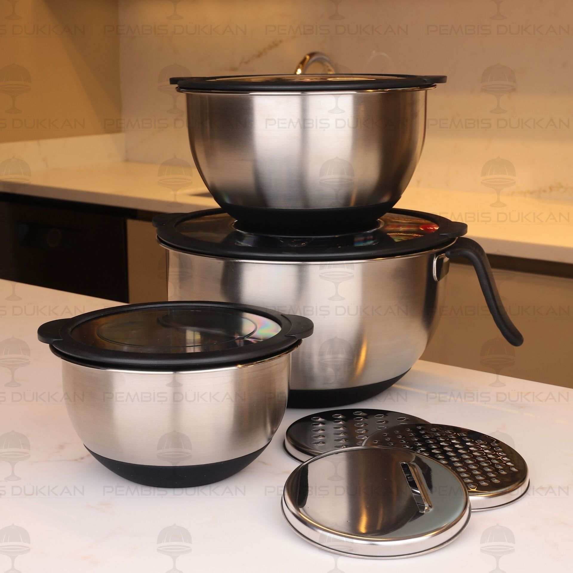 SYDNEY 16-20-24CM KAPAKLI, RENDELİ 10LU ÇELİK KARIŞTIRMA KABI SETİ