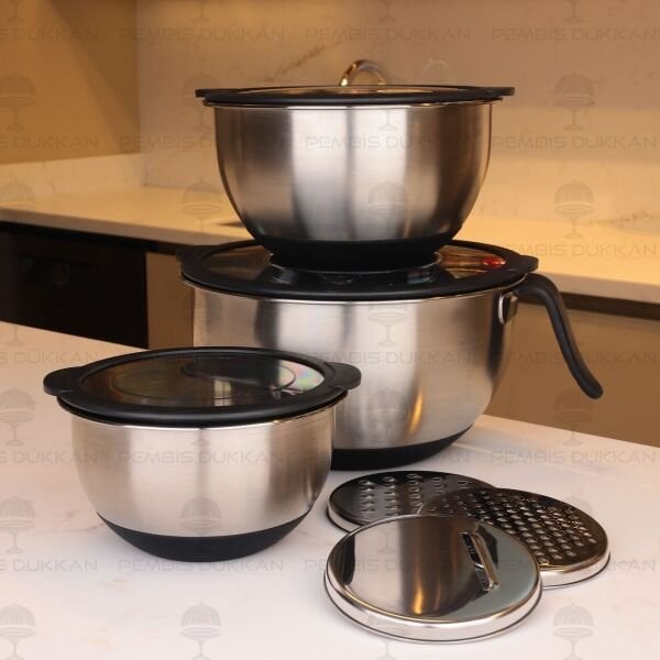 SYDNEY 16-20-24CM KAPAKLI, RENDELİ 10LU ÇELİK KARIŞTIRMA KABI SETİ