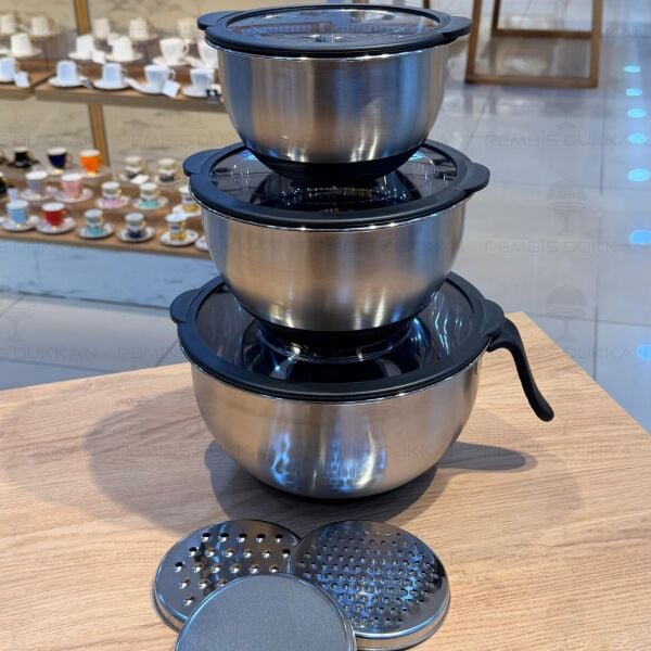 SYDNEY 16-20-24CM KAPAKLI, RENDELİ 10LU ÇELİK KARIŞTIRMA KABI SETİ