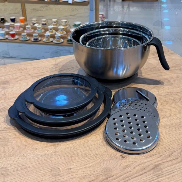 SYDNEY 16-20-24CM KAPAKLI, RENDELİ 10LU ÇELİK KARIŞTIRMA KABI SETİ