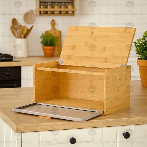 HİRA GRİ METAL KAPAKLI, BAMBU EKMEKLİK (ST11)