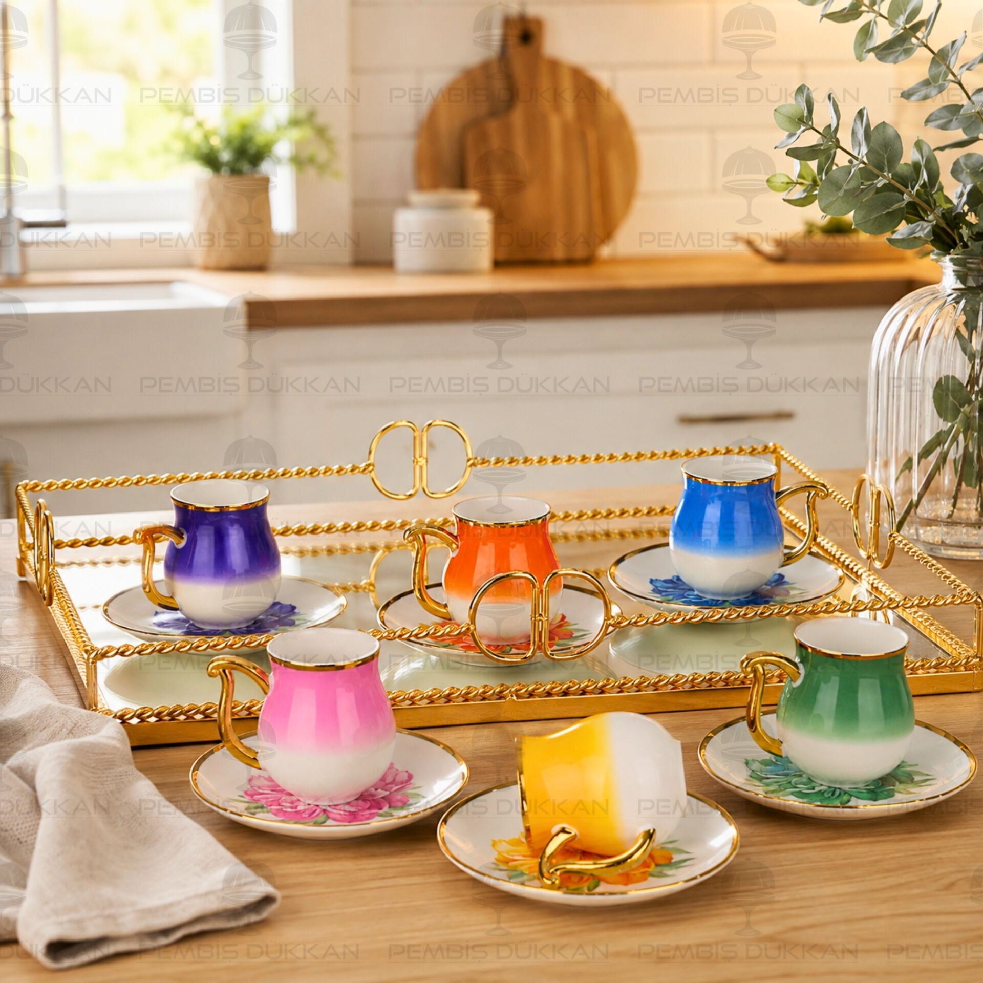 Renkli Ortanca 6 Kişilik Fincan Takımı (Mn 0360)