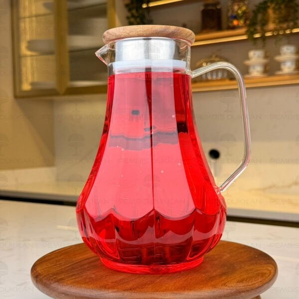 1800ML ÇİZGİLİ, AKASYA KAPAKLI BOROSİLİKAT CAM SÜRAHİ (77012)