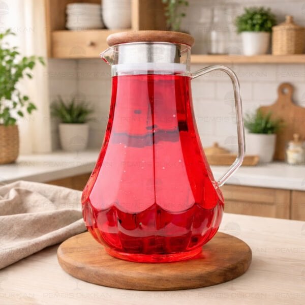 1800ML ÇİZGİLİ, AKASYA KAPAKLI BOROSİLİKAT CAM SÜRAHİ (77012)