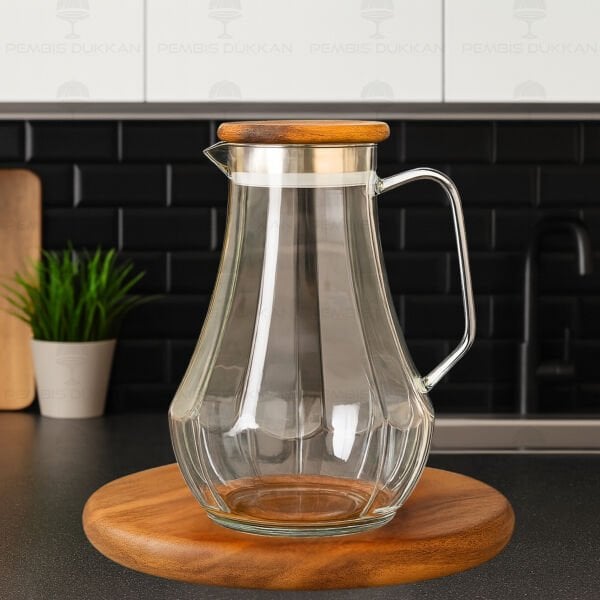 1800ML ÇİZGİLİ, AKASYA KAPAKLI BOROSİLİKAT CAM SÜRAHİ (77012)